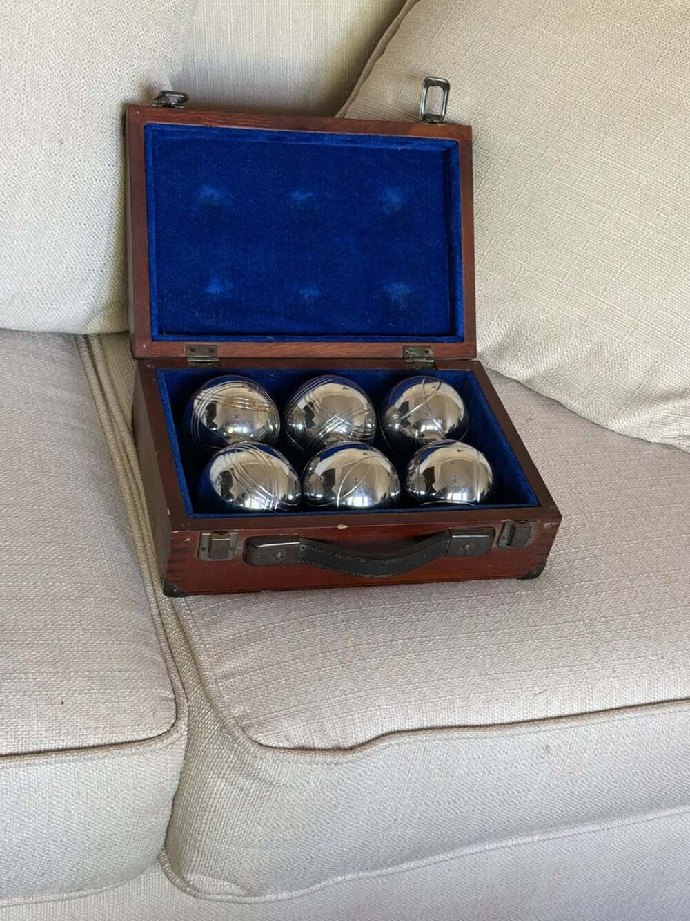 Vintage Metal Petanque Boules Bocce Ball Set of 6 Chrome Balls in Wooden Carryin